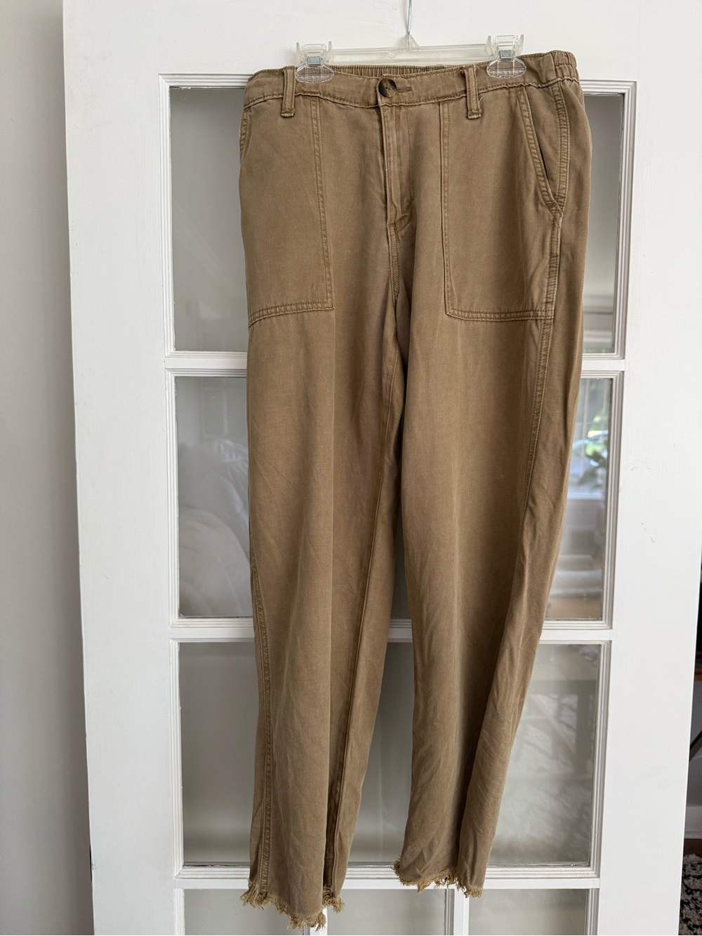 aerie Khaki Straight-Leg Raw Hem Pants